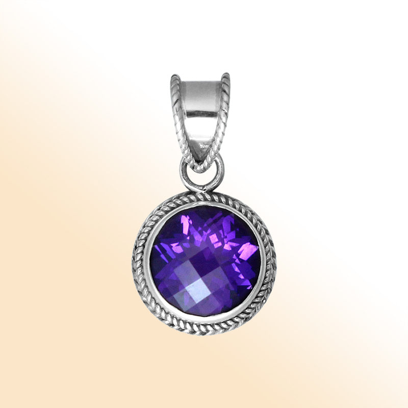 Retail Amethyst Quartz sterling silver round pendant with twisted rope bezel, handcrafted in Bali.