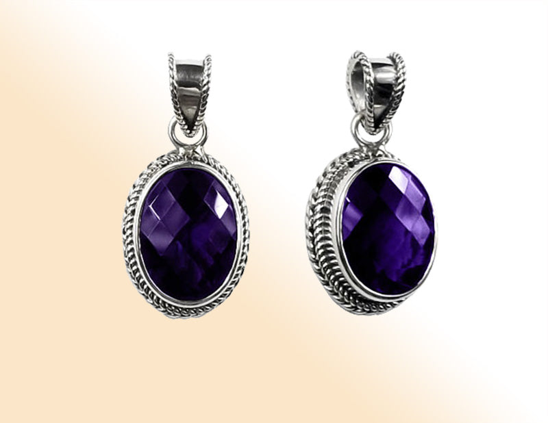 Handmade Sterling Silver Amethyst Quartz Oval Pendant with rope border from Bali