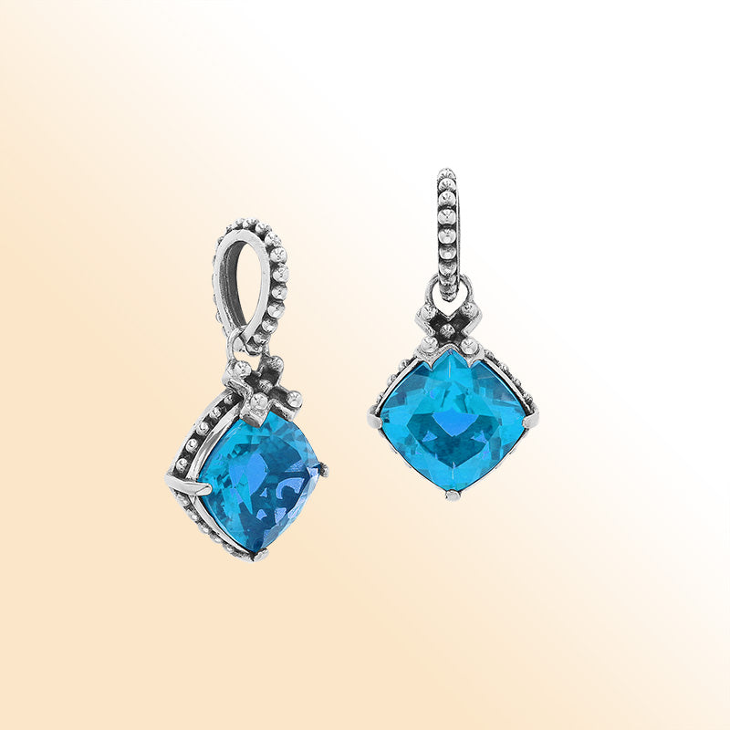 Handmade Sterling Silver Blue Topaz Quartz Cushion Pendant with beaded bail from Bali