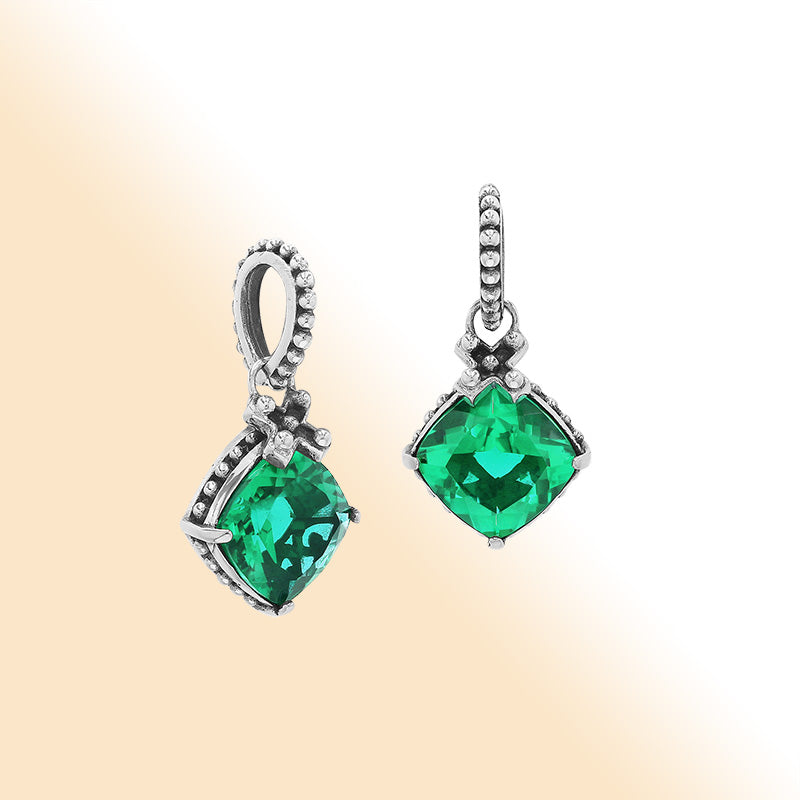 Handmade Sterling Silver Green Quartz Cushion Pendant with beaded bail from Bali