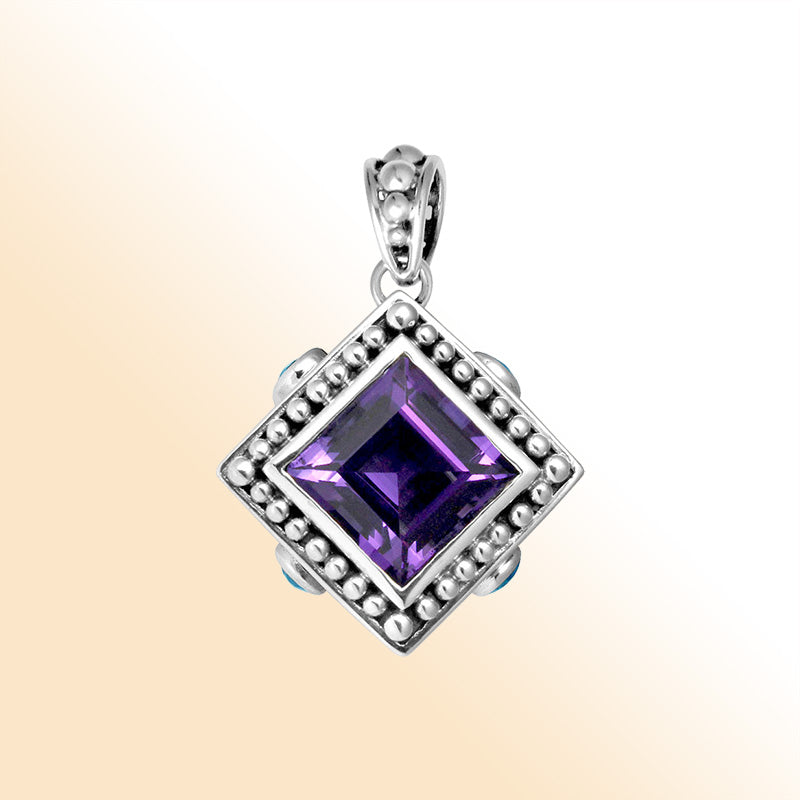 Sterling Silver Square Pendant With Amethyst Quartz Center, Blue Topaz Quartz Accents, And Balinese Beaded Detailing In An Elegant Artisan Design.