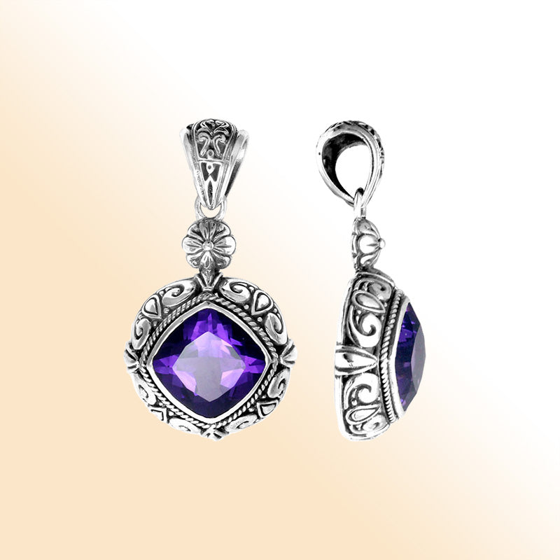 Handmade Sterling Silver Amethyst Quartz Cushion Pendant with ornate Balinese frame