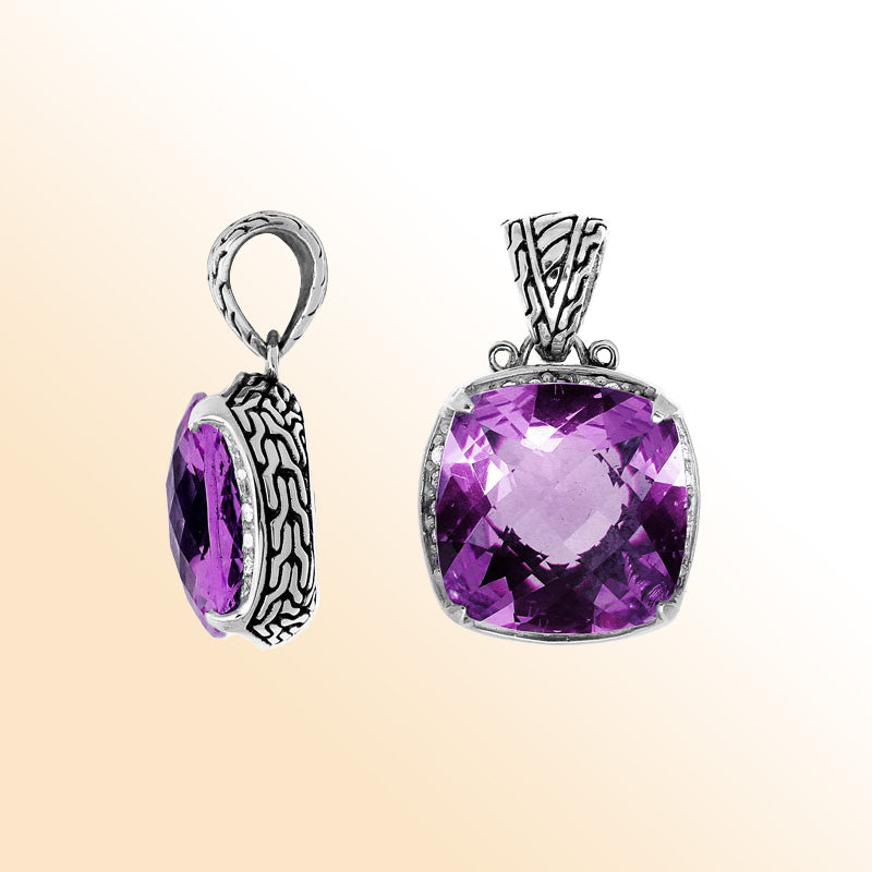Handmade Amethyst Quartz cushion pendant in sterling silver with Balinese artistry.