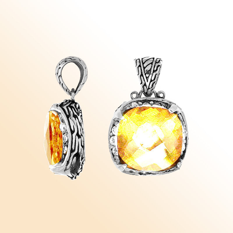 Sterling silver lemon quartz cushion pendant with cubic zirconia sparkle and artisan finish
