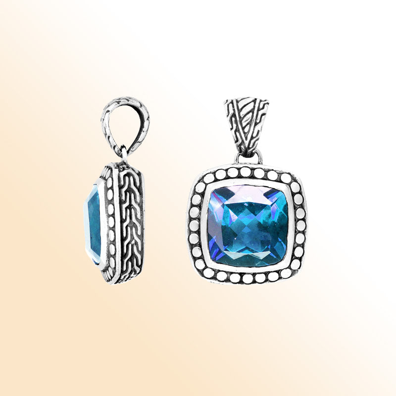 Handmade Blue Topaz Quartz cushion pendant in sterling silver with Balinese beaded artistry.