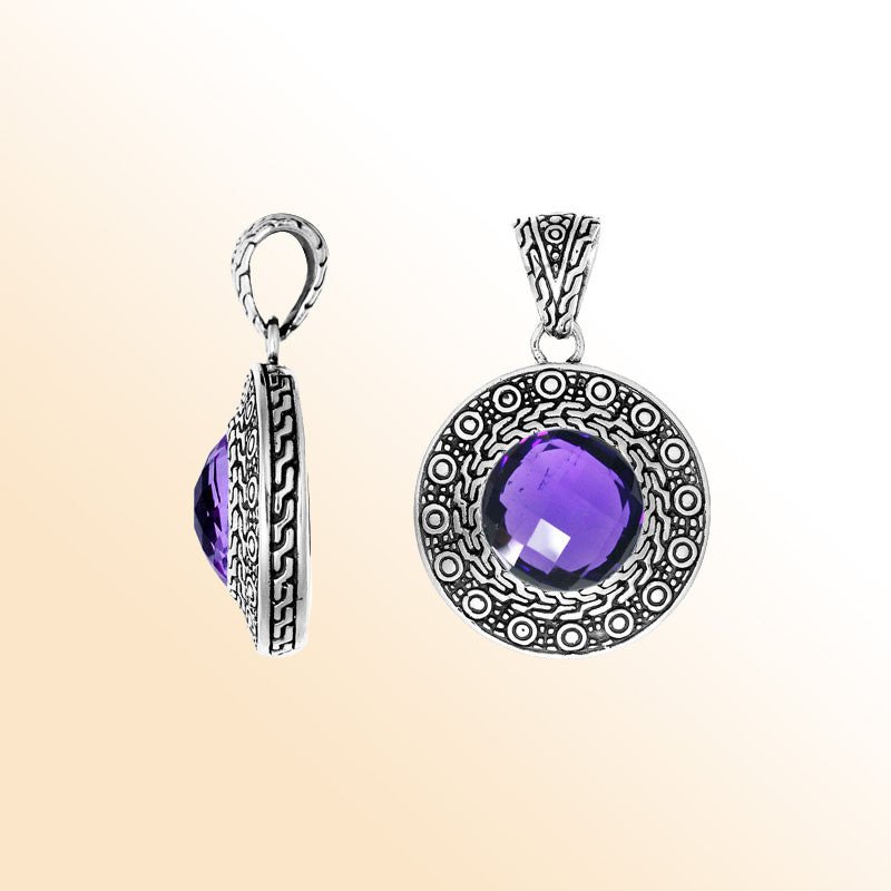 Handmade Amethyst Quartz round pendant in sterling silver with Balinese engraved artistry.