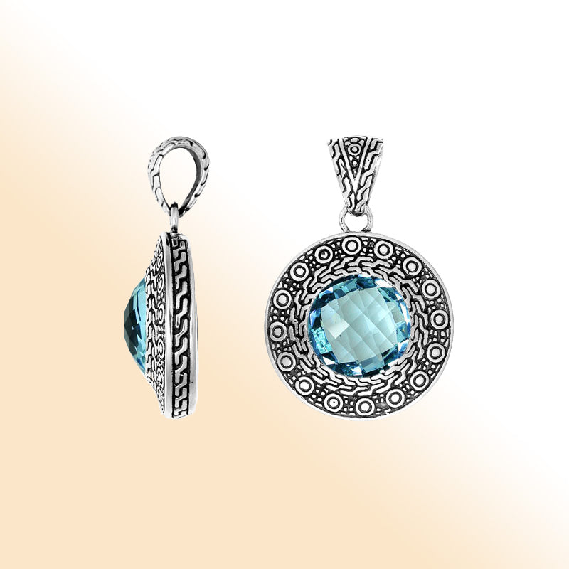 Blue Topaz Quartz Sterling Silver Pendant handcrafted in Bali with artisan design