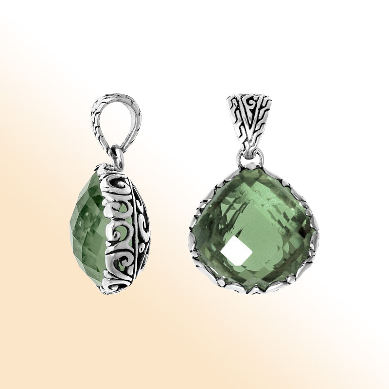 Retail Green Amethyst Quartz pendant handmade in sterling silver with Balinese detailing from Bali.