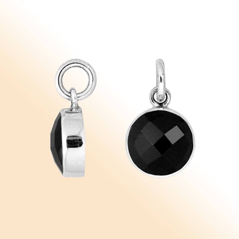 Sterling silver Black Onyx pendant with faceted round stone, polished smooth bezel frame, and refined craftsmanship ideal for elegant and everyday fashion styling.