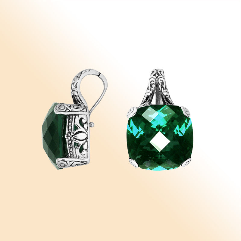Elegant Sterling Silver pendant with cushion-cut Green Quartz and filigree detailing