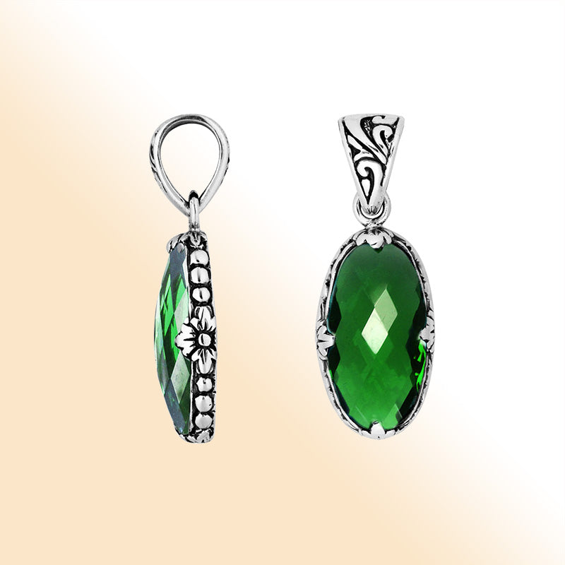 Sterling silver oval Green Quartz pendant with floral engraved detailing, radiant artisan charm, and elegant sparkle for refined everyday styling.
