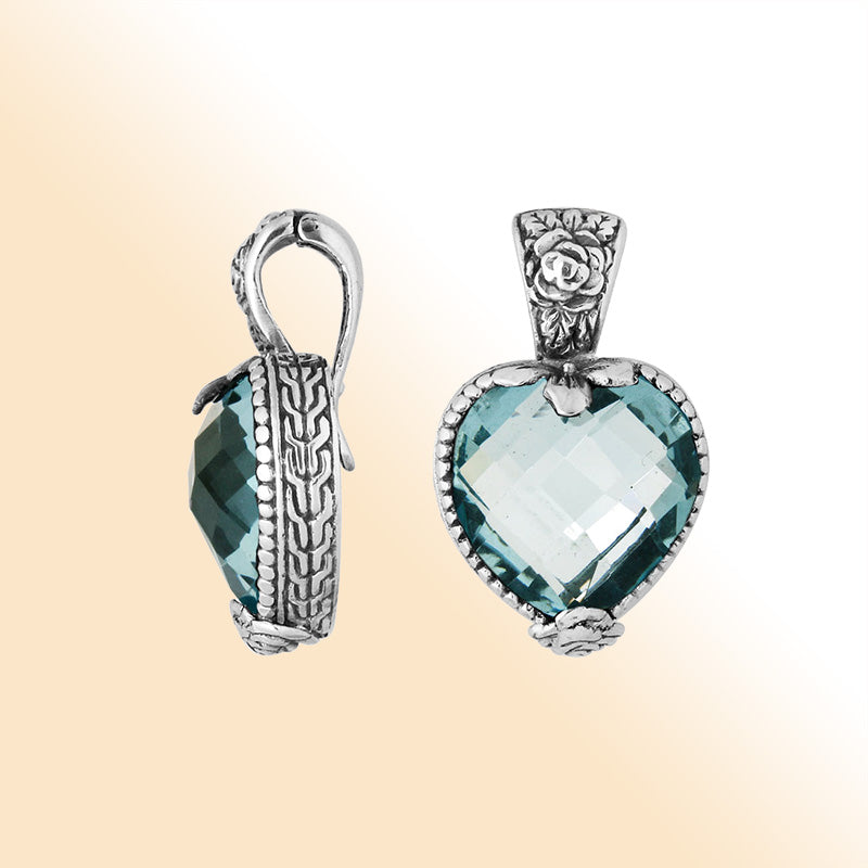 Sterling Silver Heart-Shaped Pendant With Blue Topaz Quartz And Antique Floral Bali Detailing