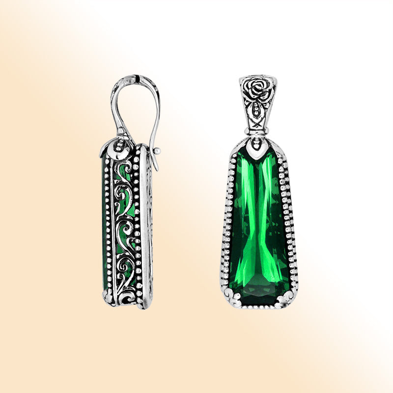 Sterling Silver Tapered Pendant With Green Quartz And Antique Floral Bali Detailing