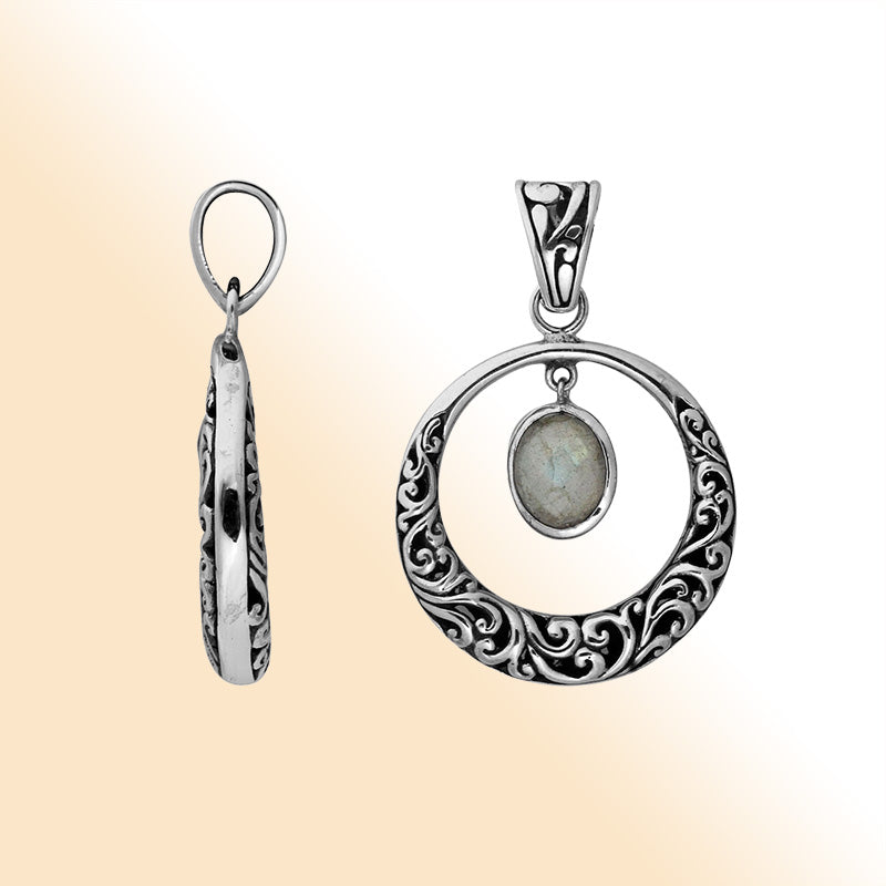 Sterling Silver Filigree Circle Pendant With Labradorite Stone