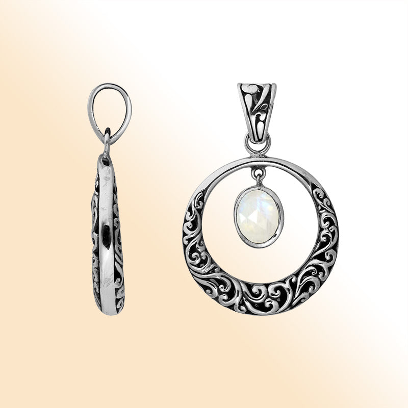 Sterling Silver Filigree Circle Pendant With Rainbow Moonstone