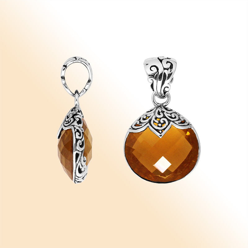 Sterling Silver Round Filigree Pendant With Citrine Quartz Stone