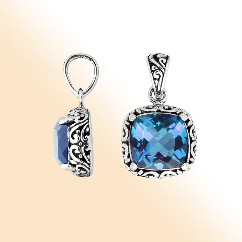 Sterling Silver Pendant With Cushion Cut London Blue Topaz Quartz Stone