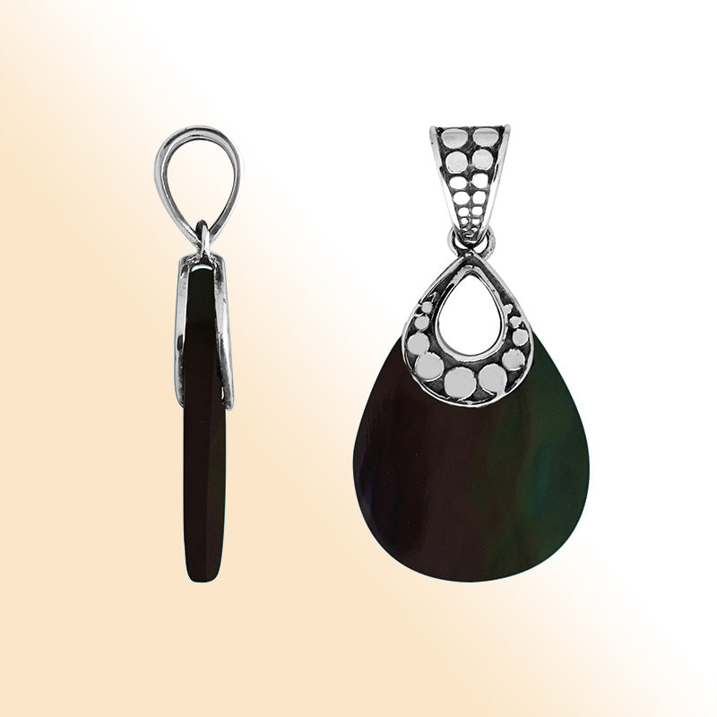 Sterling Silver Pendant With Teardrop Shape Black Shell And Dot Pattern Design