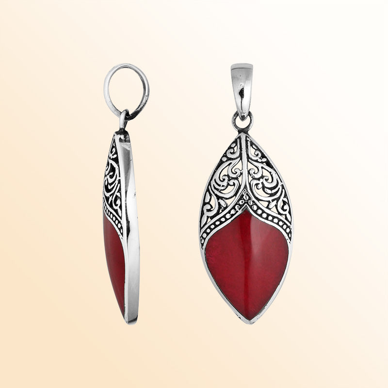 Silver Overlay Artistic Marquise Pendant Featuring Red Coral Accent