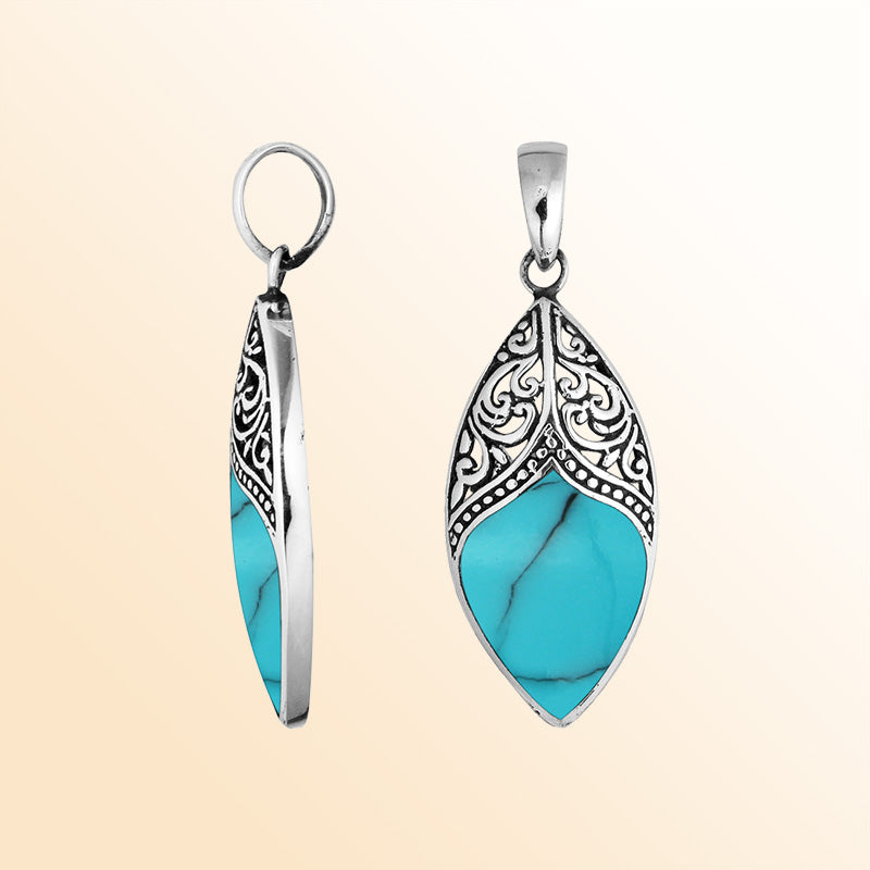 925 Sterling Silver Artistic Marquise Pendant Featuring Turquoise Shell