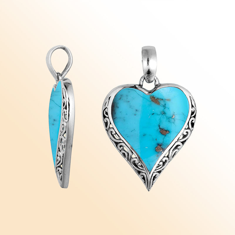 925 Sterling Silver Artistic Heart Pendant Featuring Turquoise Shell