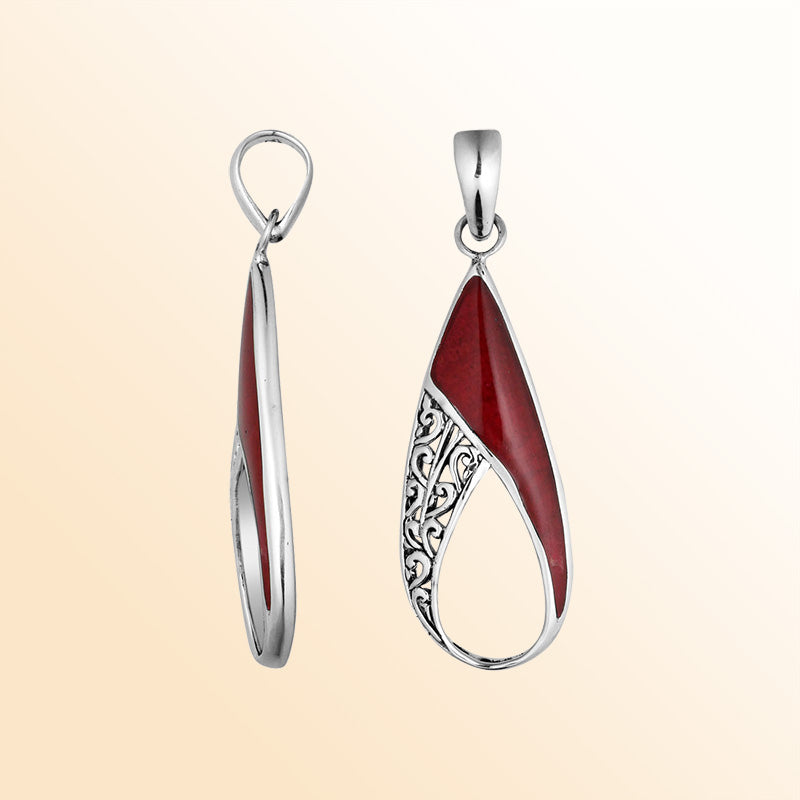 925 Sterling Silver Artistic Open Teardrop Pendant Featuring Red Coral