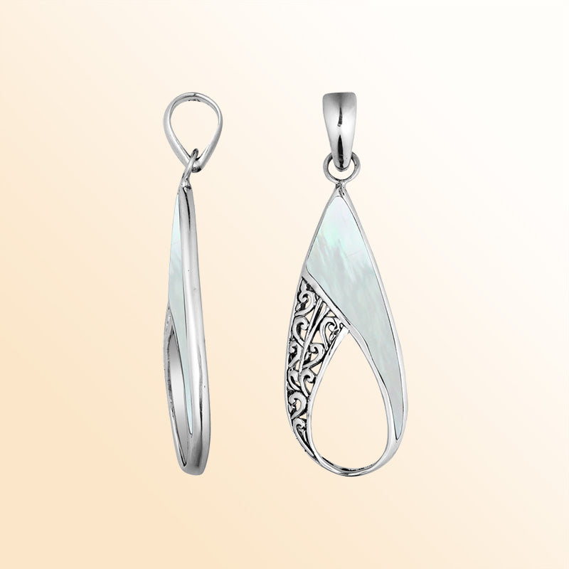 925 Sterling Silver Artistic Open Teardrop Pendant Featuring Mother Of Pearl