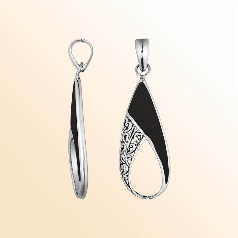 925 Sterling Silver Artistic Open Teardrop Pendant Featuring Black Shell