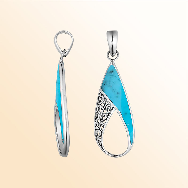 925 Sterling Silver Artistic Open Teardrop Pendant Featuring Turquoise Shell