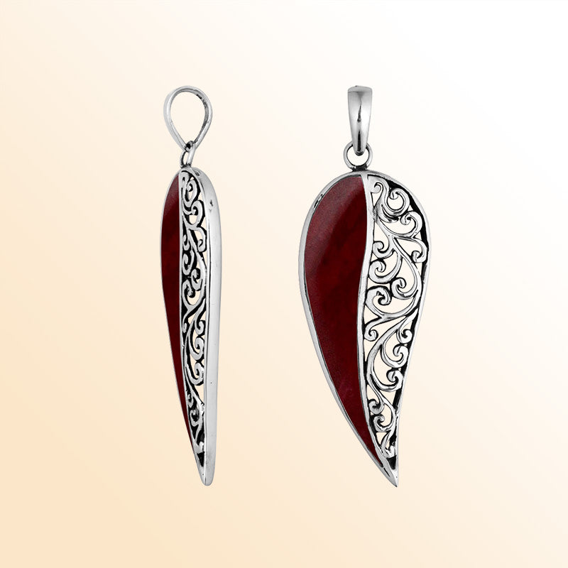 925 Sterling Silver Artistic Wing Pendant Featuring Red Coral