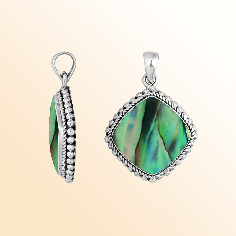 Sterling silver cushion shape pendant with abalone shell and detailed rope beaded edge handcrafted in Bali