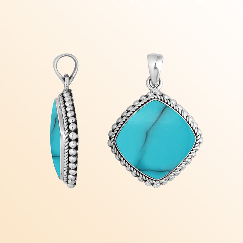 Sterling Silver Turquoise Shell Cushion Shape Pendant With Polished Rope Design