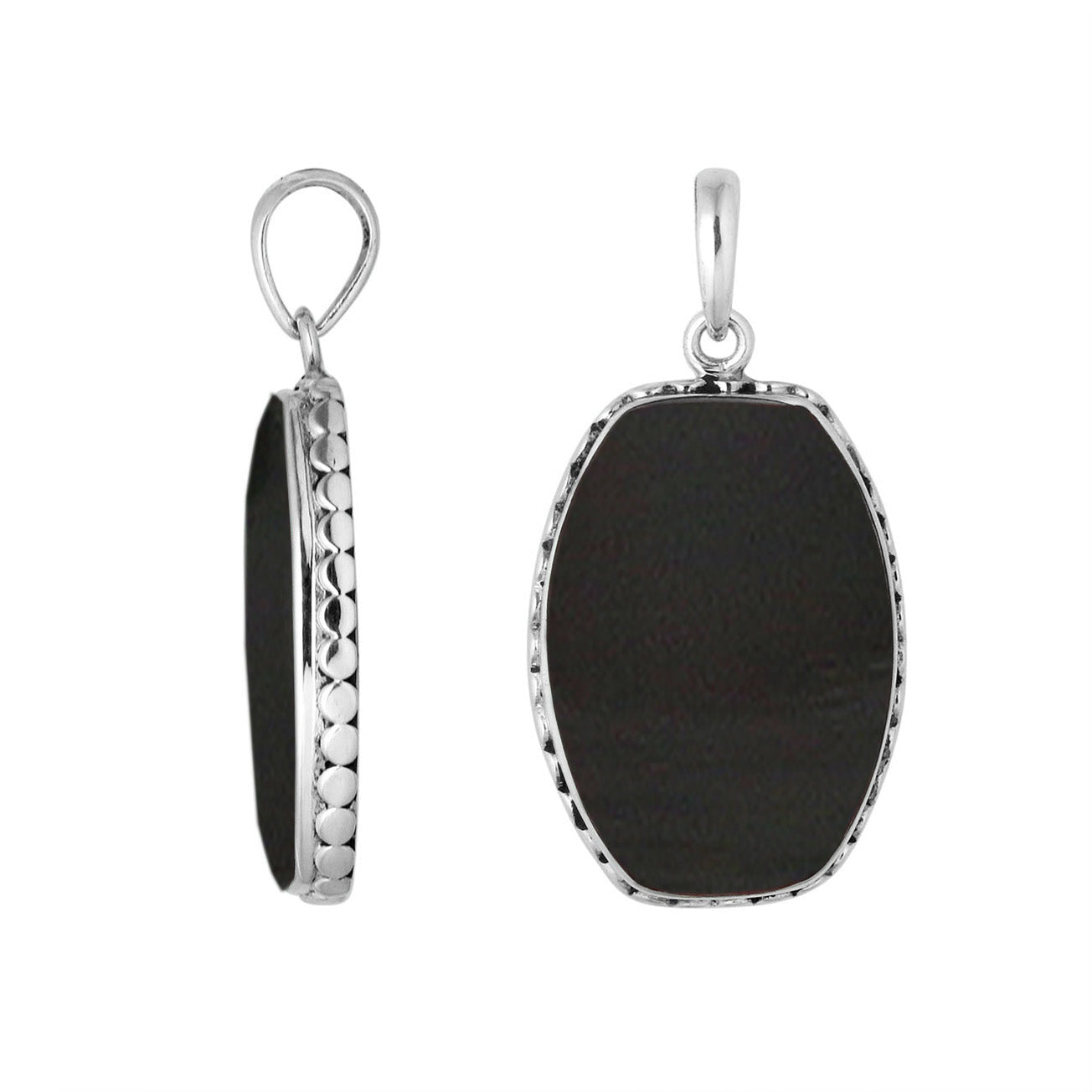 Sterling Silver Black Shell Rectangular Pendant With Polished Surface