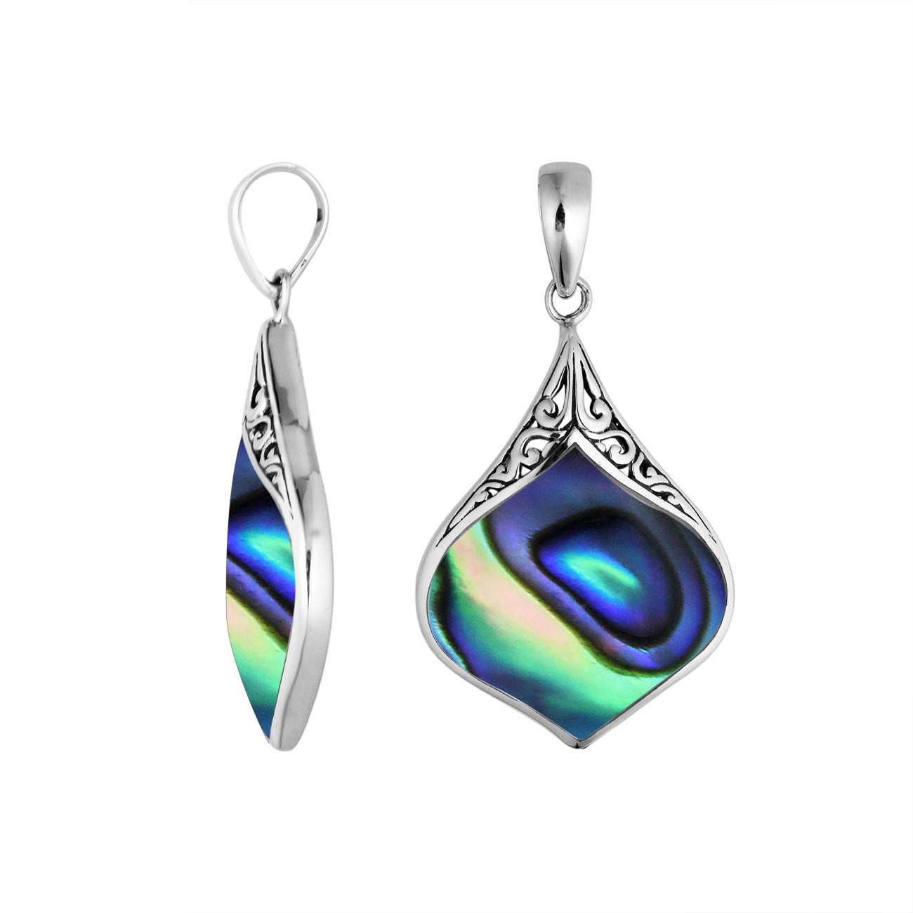 Handcrafted sterling silver pendant featuring a genuine abalone shell with shimmering blue, green, and purple tones framed in intricate Bali design – elegant ocean-inspired jewelry gift.