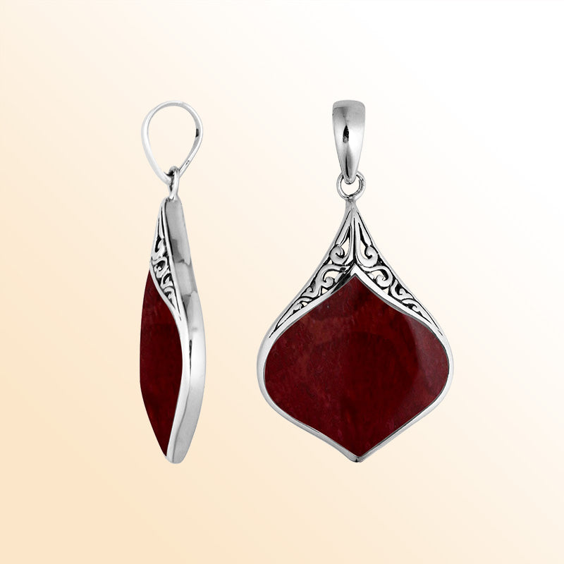 Sterling Silver Red Coral Drop Shape Pendant With Polished Balinese Design