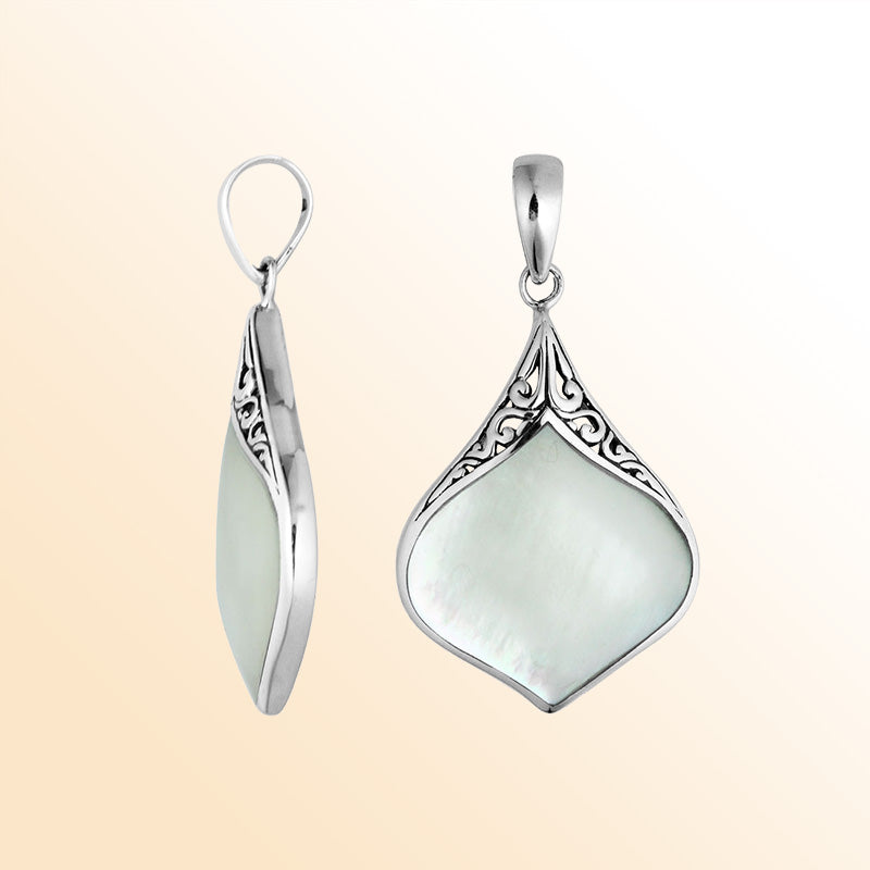 Sterling Silver Mother Of Pearl Drop Shape Pendant With Polished Balinese Design