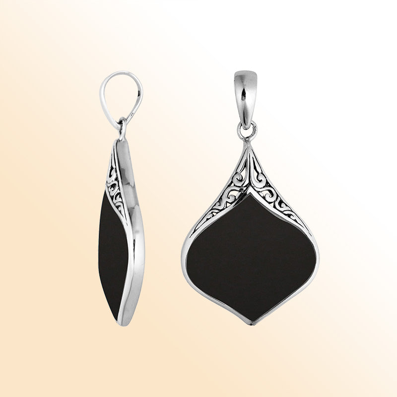 Sterling Silver Black Shell Drop Shape Pendant With Polished Balinese Design