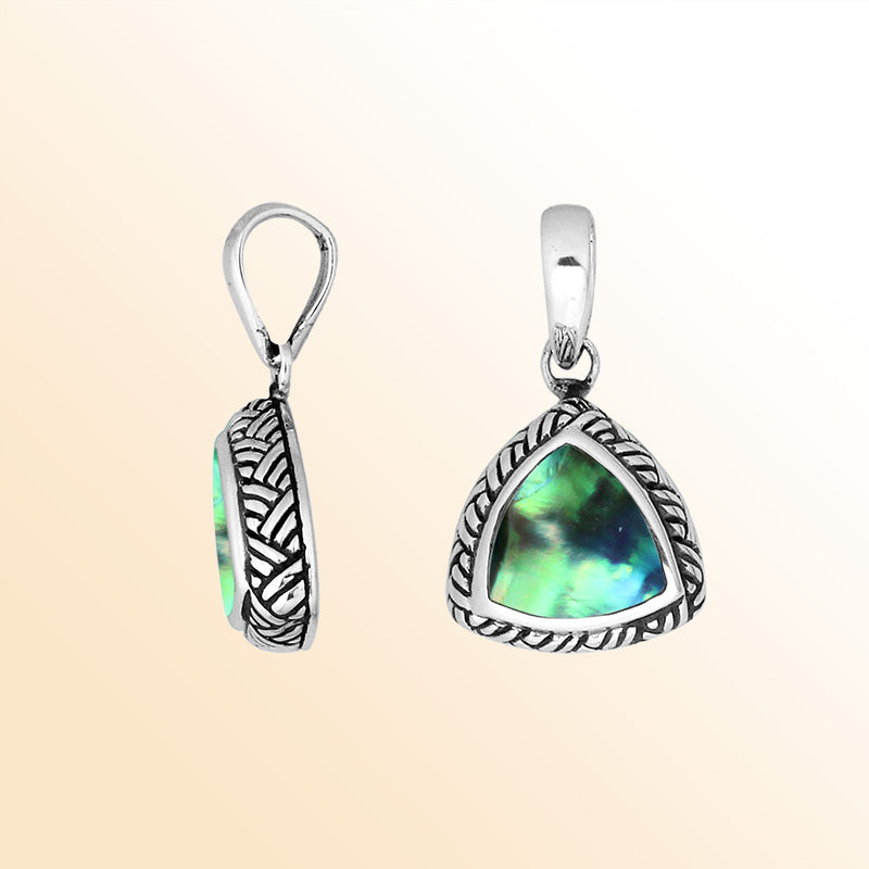 Sterling Silver Abalone Shell Triangular Pendant With Polished Balinese Design