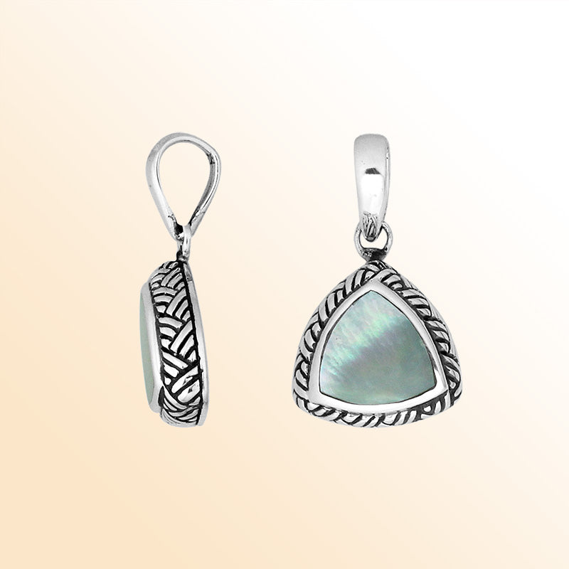 Sterling Silver Mother Of Pearl Triangular Pendant With Polished Balinese Design