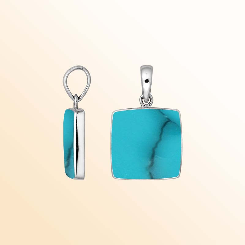 Handcrafted sterling silver square pendant with natural turquoise gemstone