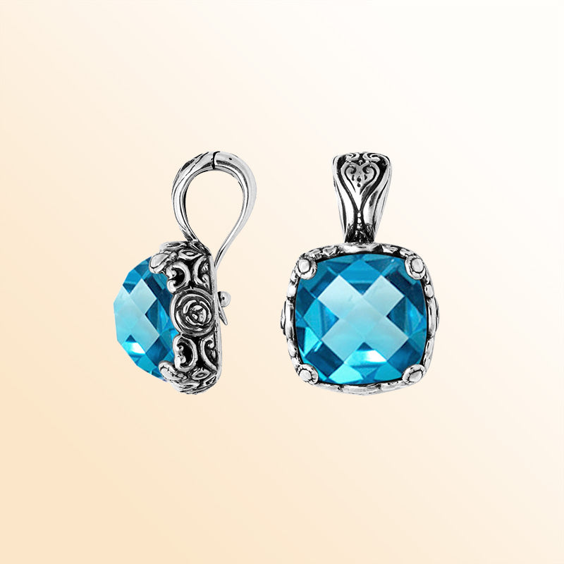 Sterling Silver Blue Topaz Quartz Square Pendant With Balinese Floral Engraving