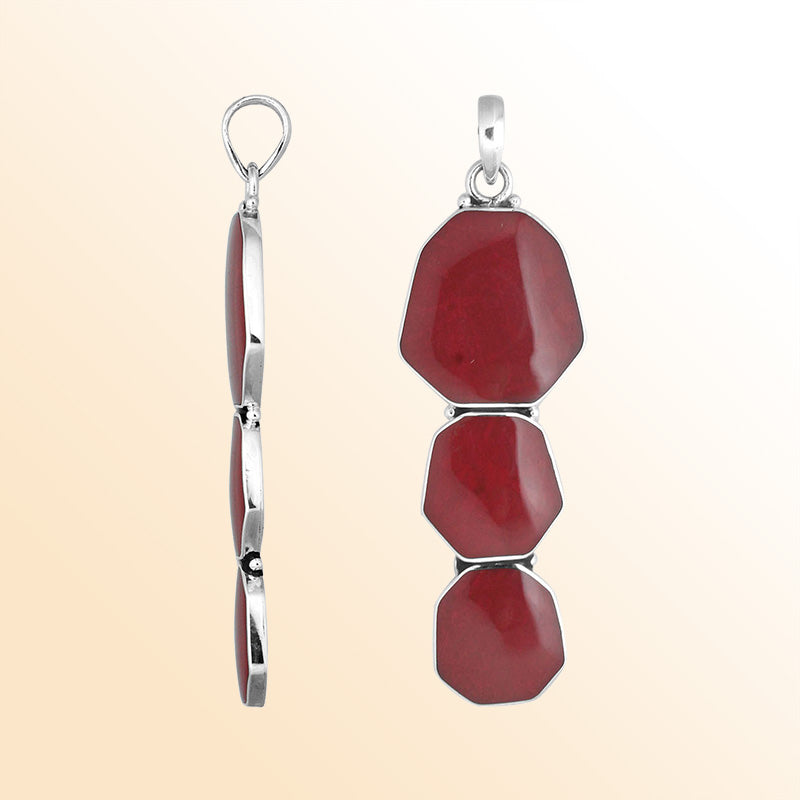 Sterling Silver Balinese Three-Link Red Coral Pendant With Octagon Design