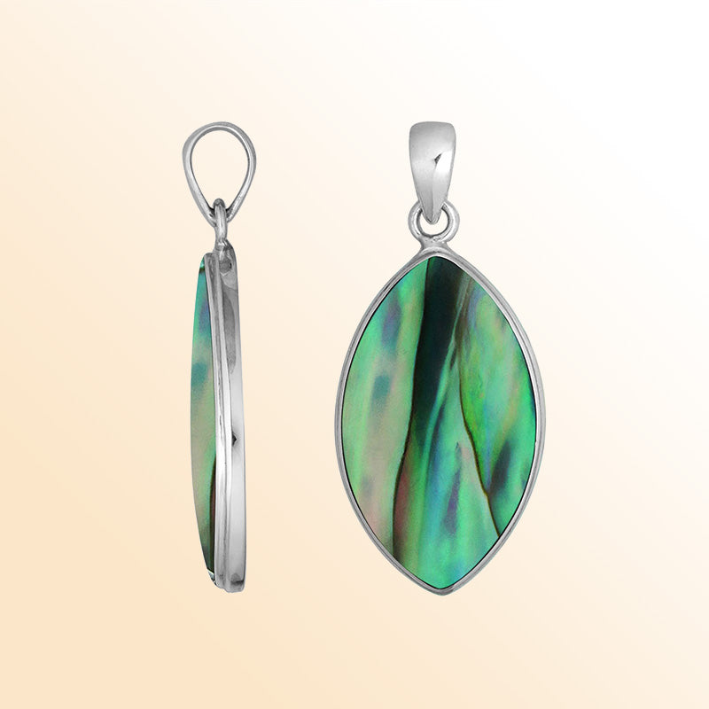 Handcrafted Balinese Sterling Silver Marquise Pendant featuring iridescent Abalone Shell and sleek silver frame, designed for women who love elegant ocean-inspired jewelry.