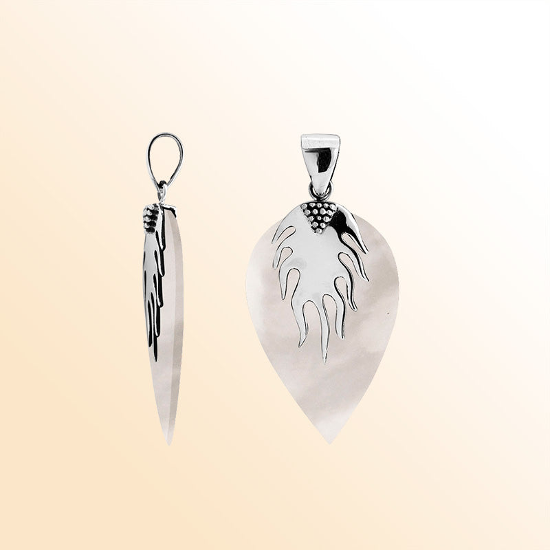 Handcrafted Sterling Silver Mother Of Pearl Leaf Flame Heritage Elegance Pendant.