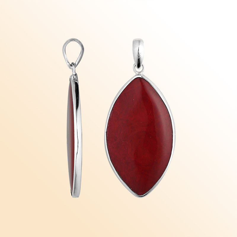 Handcrafted Sterling Silver Red Coral Marquise Heritage Elegance Pendant.