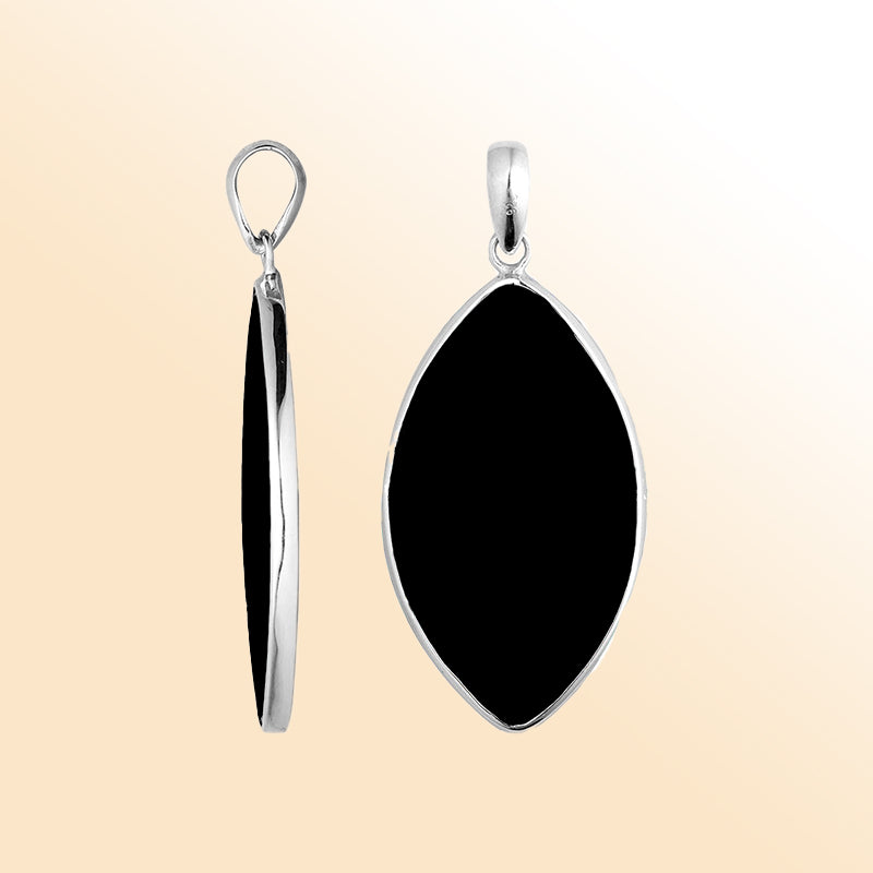 Handcrafted Sterling Silver Black Shell Marquise Pendant From Bali With Polished Finish