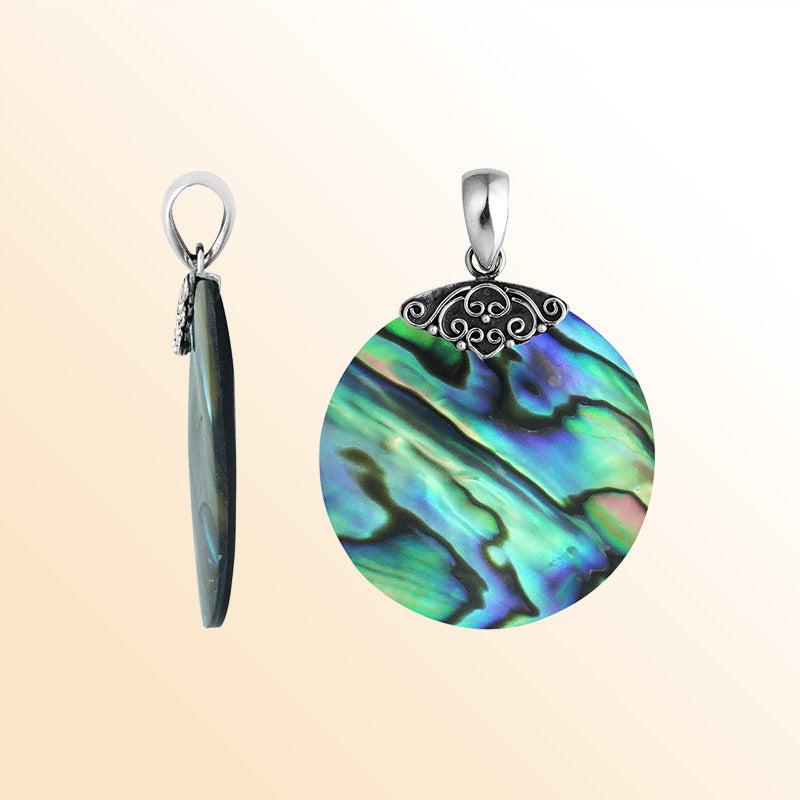Handcrafted Sterling Silver Abalone Shell Ocean Spirit Round Pendant.