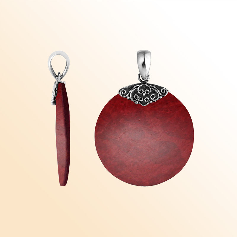 Handcrafted Sterling Silver Red Coral Round Eternal Grace Pendant.