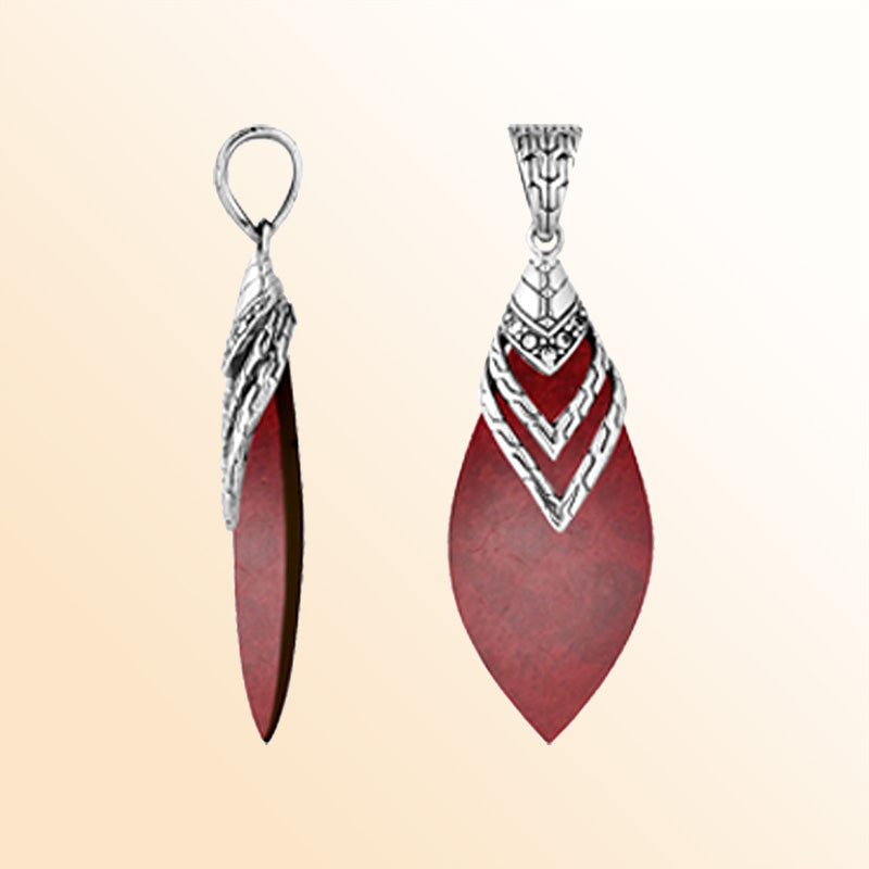 Handcrafted Sterling Silver Red Coral And Cubic Zirconia Teardrop Passion Pendant.