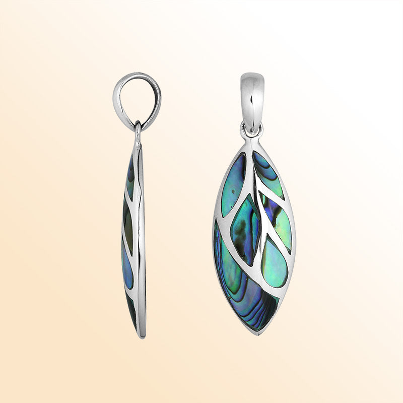 Handcrafted Sterling Silver Abalone Shell Leaf Pendant With Silver Vein Accents.